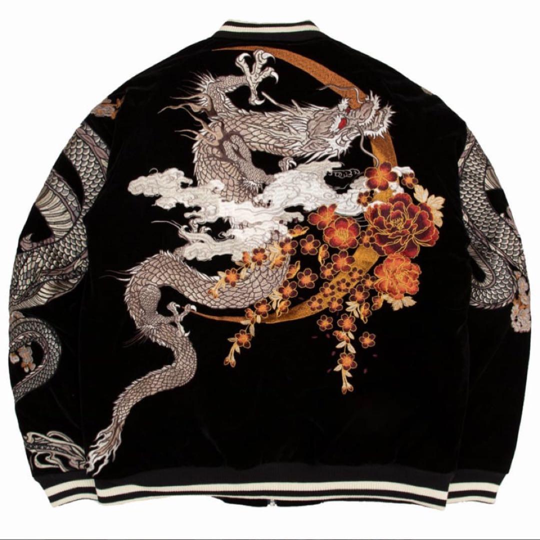 ベロア調 スカジャン ONI DENIM Mサイズ 黒 竜ドラゴン 新品タグ付き