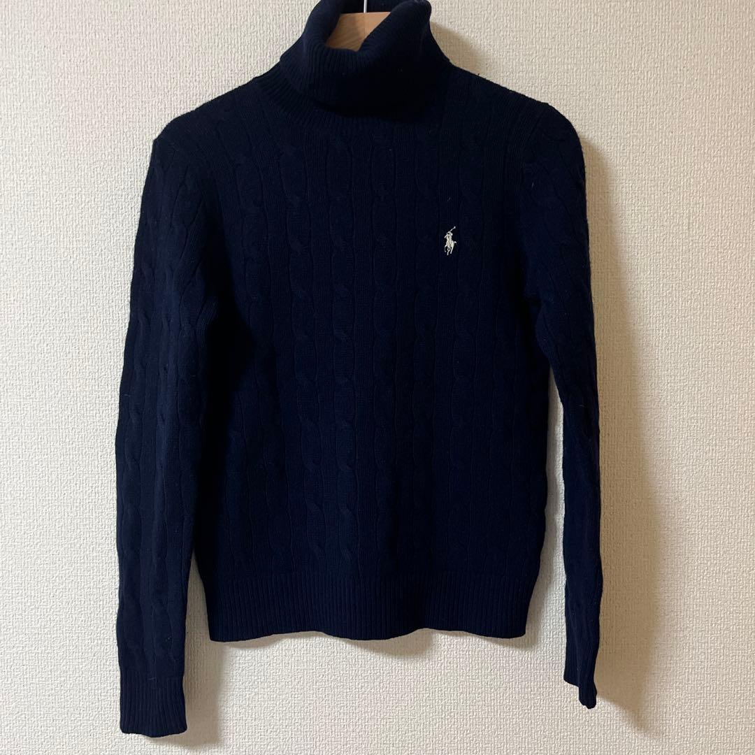 ラルフ・ローレン ネイビー ケーブルニットセーター　タートルネック　カシミヤ