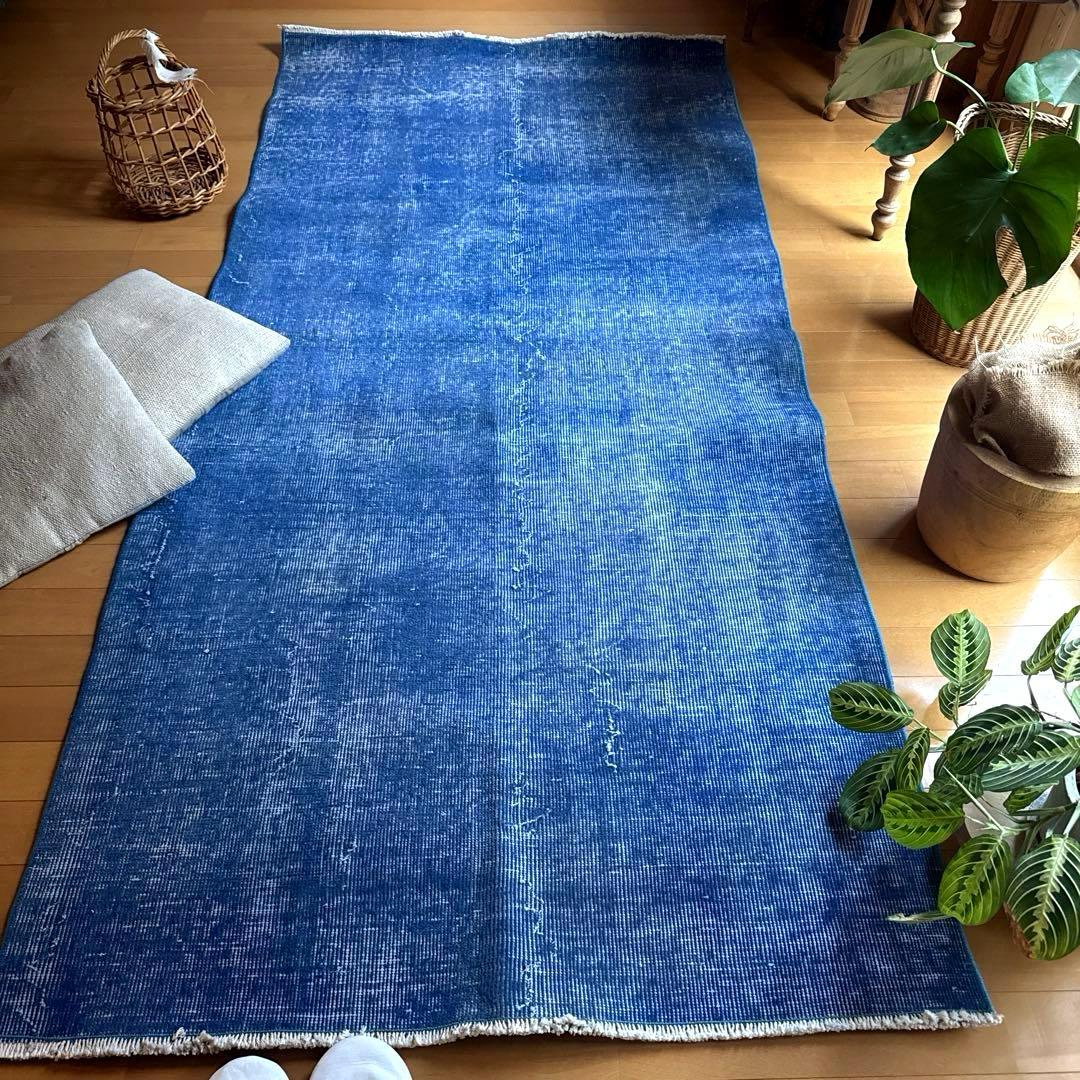 99×212青空色オーバーダイ　ワンカラー　ブルートルコヴィンテージラグ