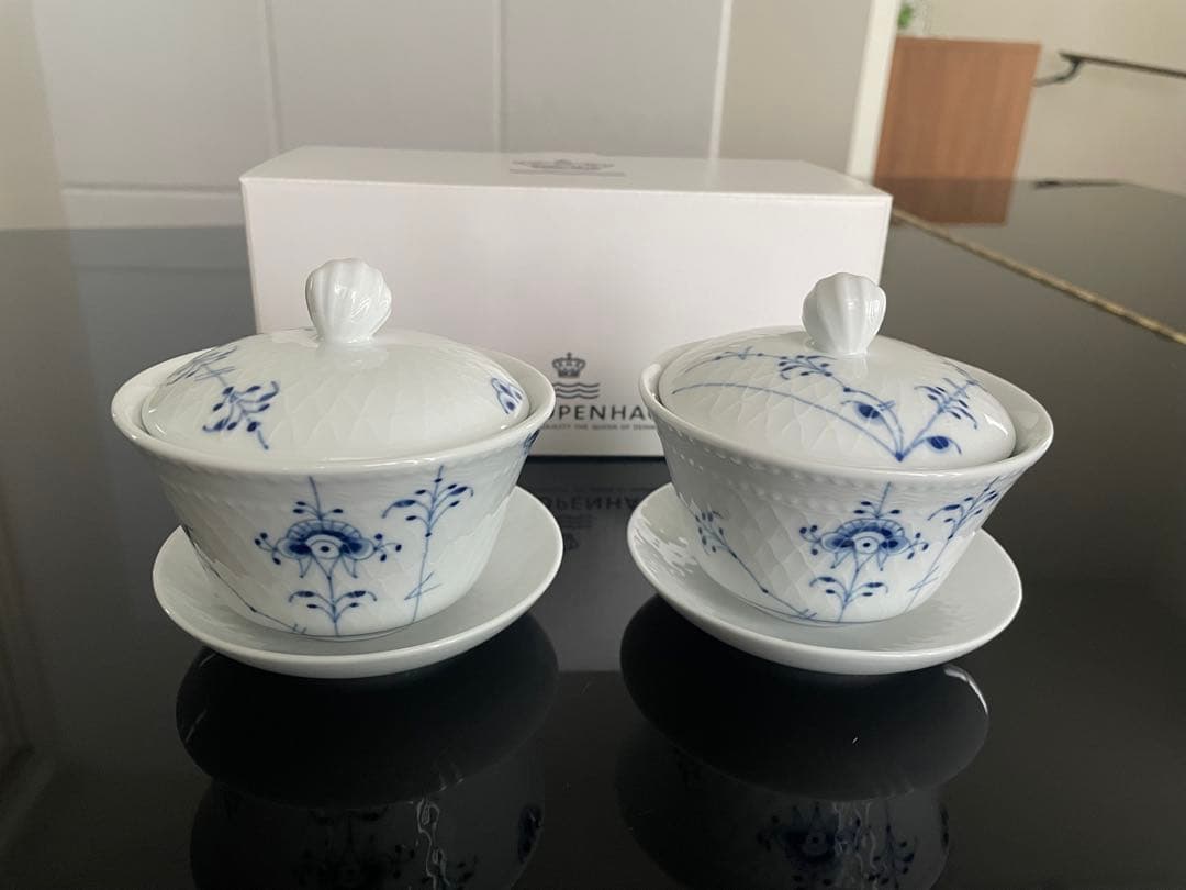 【新品】ロイヤルコペンハーゲン　ブルーパルメッテ 蓋つきカップ&ソーサー 4客