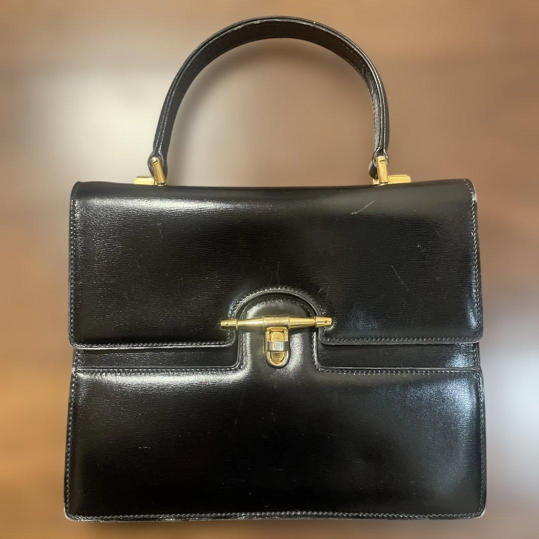OLD GUCCI 黒レザー ハンドバッグ 赤い裏地