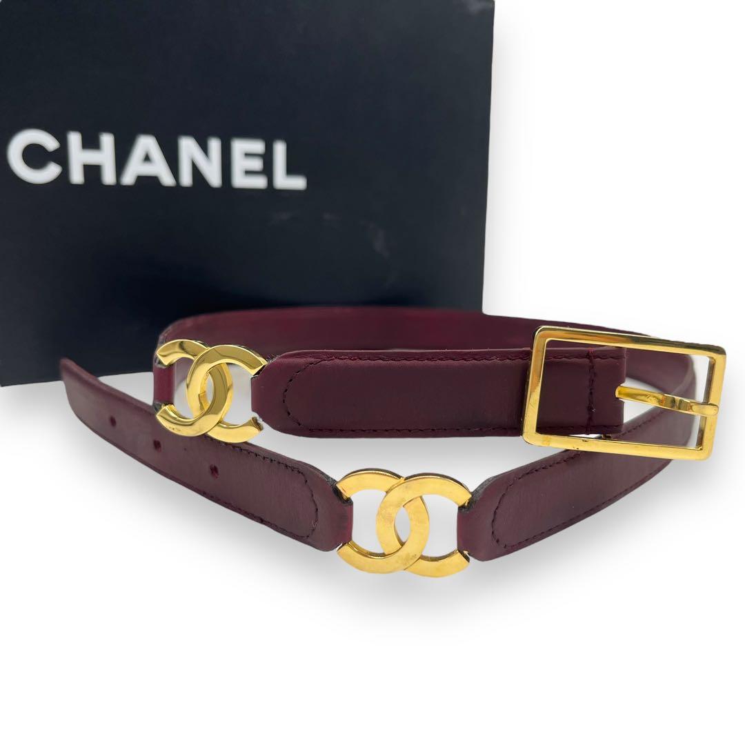 美品■シャネル　２連　ココマーク　ウエストベルト　ボルドー　ゴールド金具