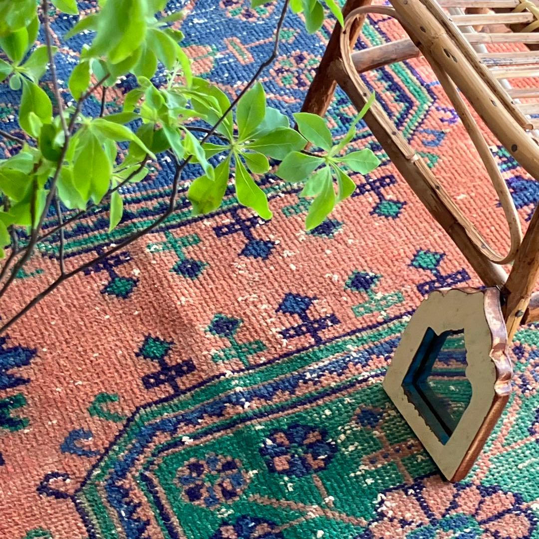 レア✳︎３m60 魔除デザイン84×360オレンジランナー　トルコヴィンテージラグ