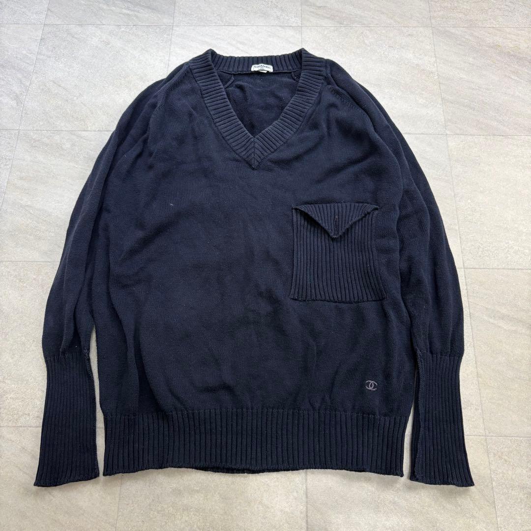 マン様CHANEL シャネル セーター ココマーク コットン ネイビー Vネック