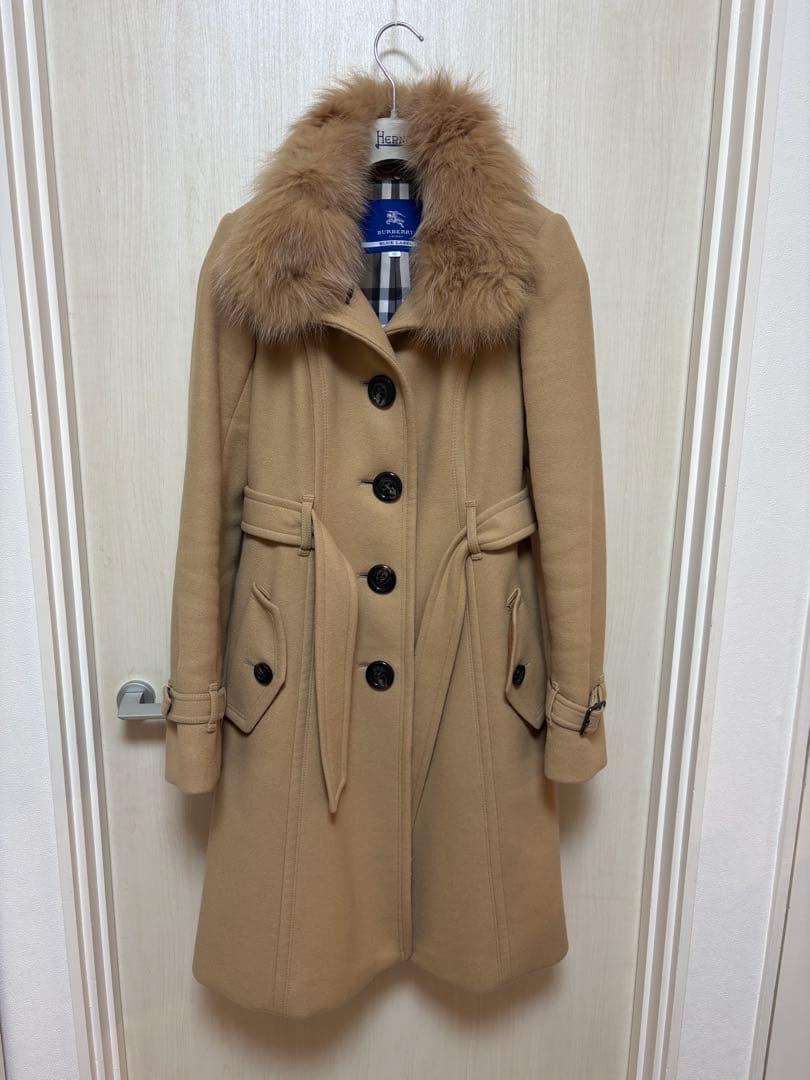 【美品】バーバリーブルーレーベル アンゴラフォックスファー ロングコート38