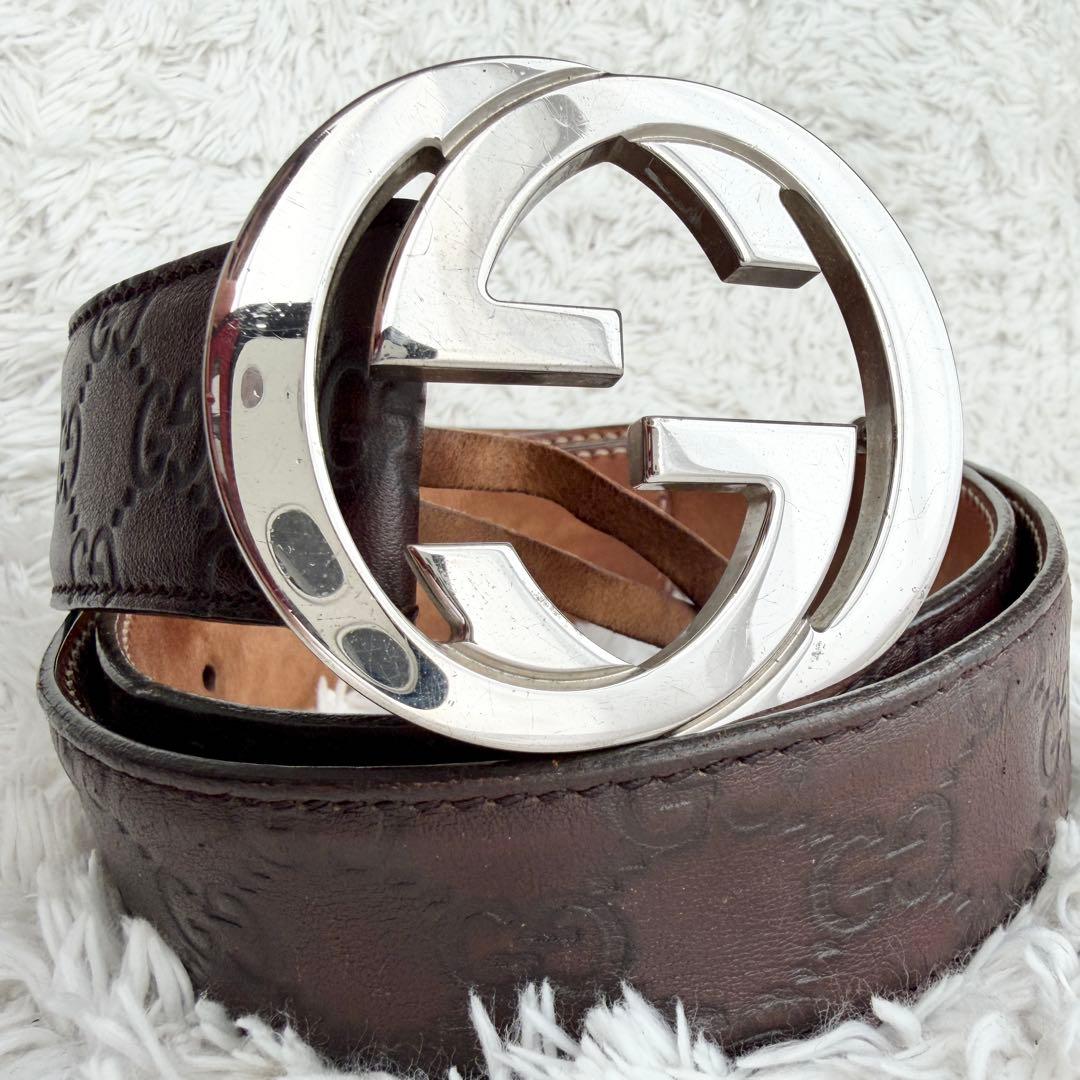 【美品】GUCCI ベルト インターロッキング GG デカロゴ シルバー