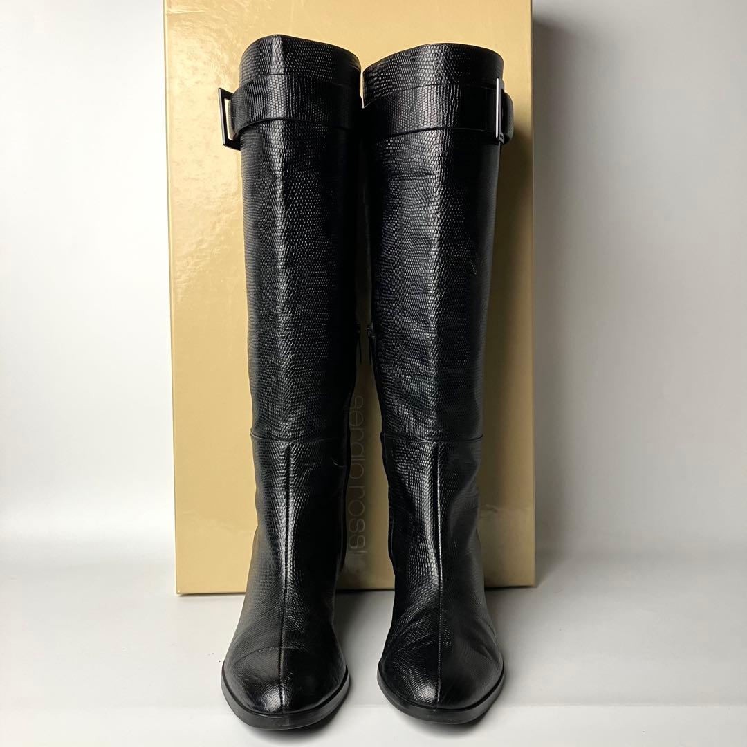 【美品】セルジオロッシ　リザードロングブーツ　ブラックバックル　黒22.5 近年