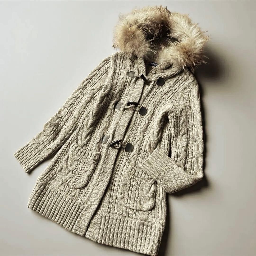 バーバリーブルーレーベル 38 ダッフル コート ケーブル ニット　ファー付