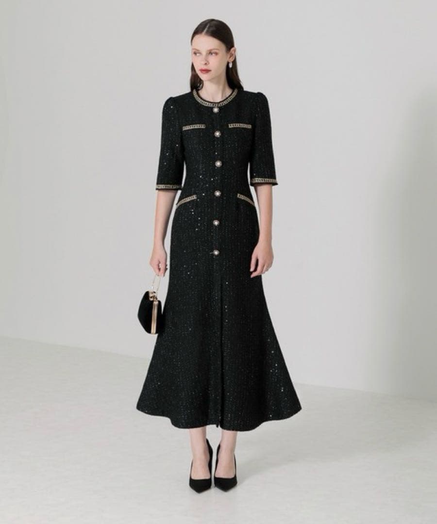 Leje ラメ混ツイードレザーパイピングパールドレス　ブラック