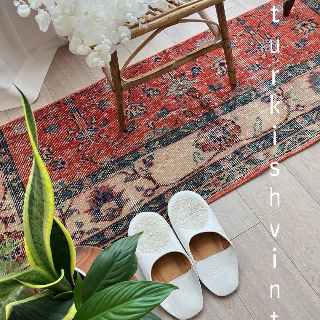 レッド53×163フローラル　ネイビー　ランナー　ロング　トルコヴィンテージラグ