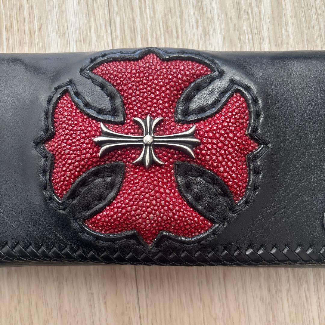 レザー 長財布 黒 赤 クロスモチーフ V系 お兄系 レザー シルバー