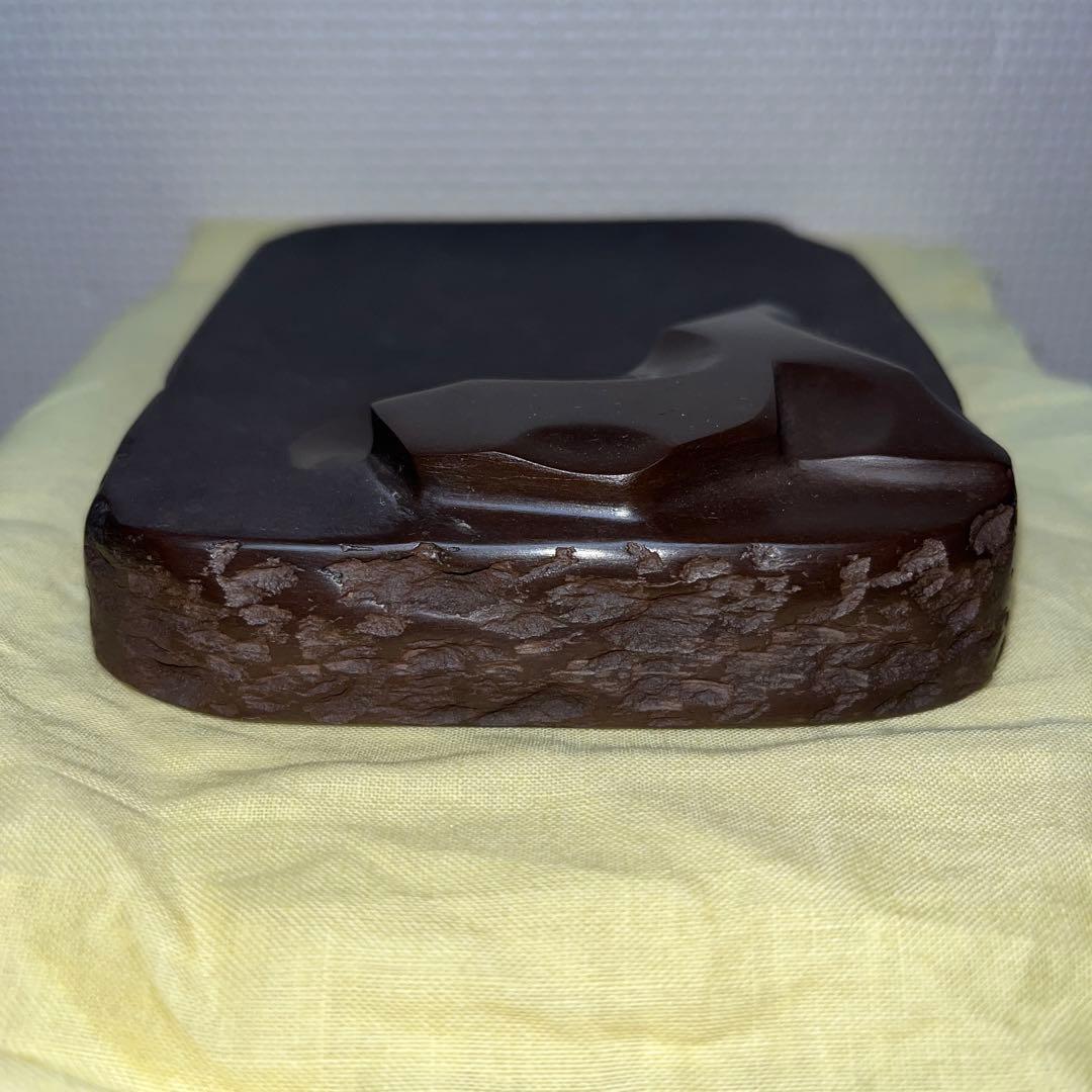 ⭕️赤間硯　名工　堀尾信夫　[芽] 新品美品　共桐箱　希少彫刻硯