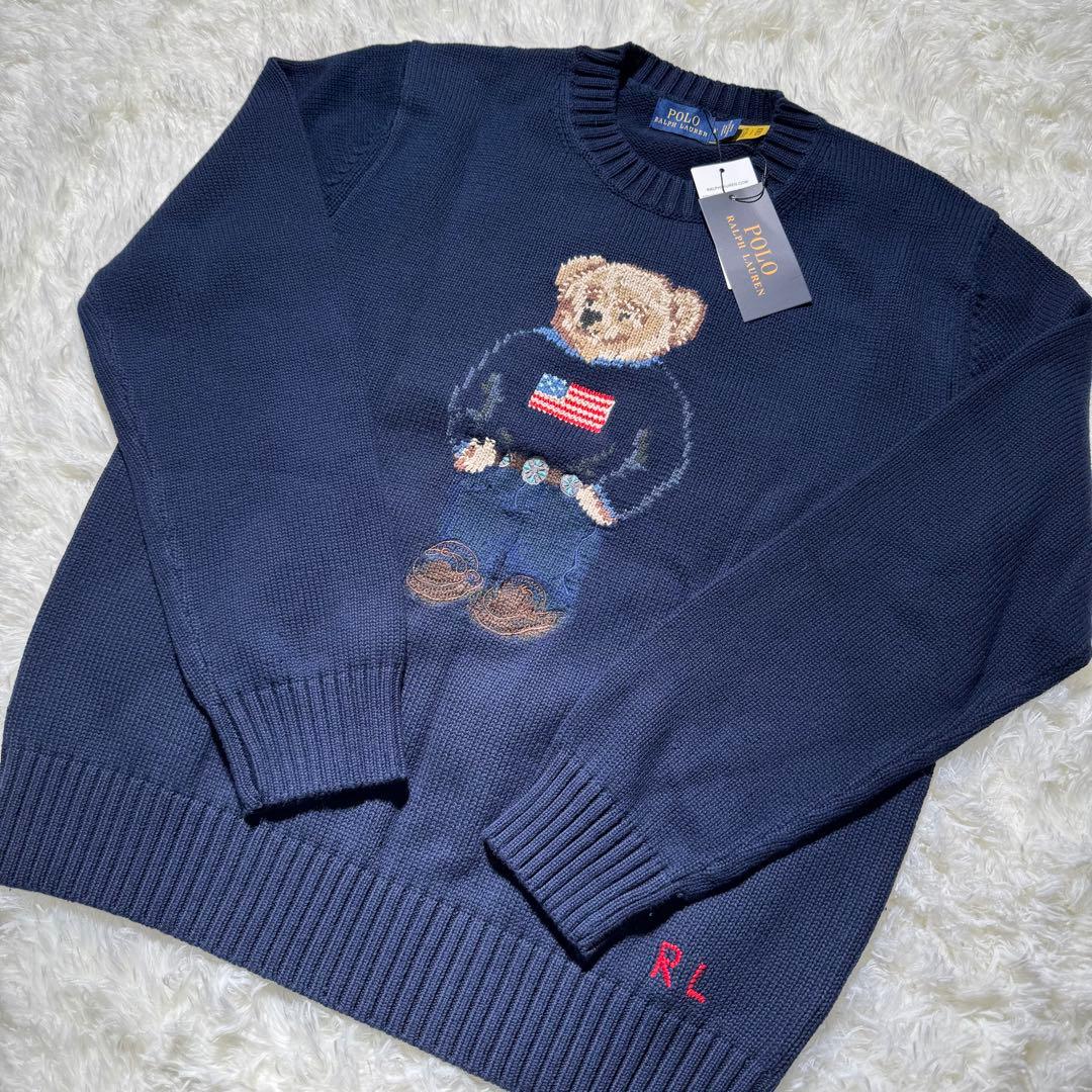 サイズM ポロベア ニット セーター ネイビー 国旗柄 メンズ レディース