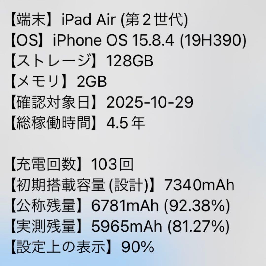 送無料F11 iPad Air 第2世代 スペースグレイ 128GB Wi-Fi