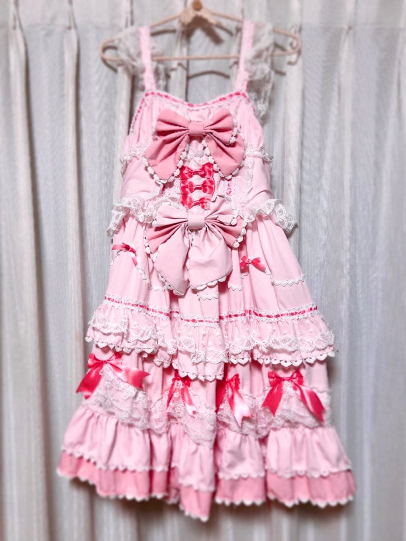 ロリータ ジャンスカ ピンク 甘ロリ 大きめリボン レース 量産型