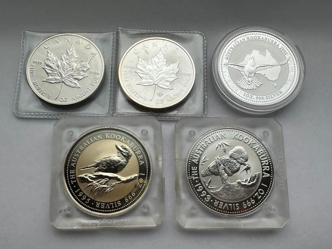 純銀　カナダ銀貨　オーストラリア銀貨　1OZ 9999純銀　銀貨5枚　希少