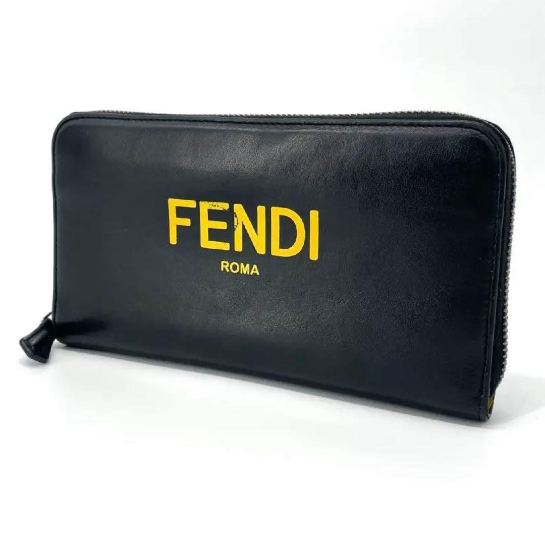 美品✨FENDI レザー 長財布 ラウンドファスナー イエローロゴ
