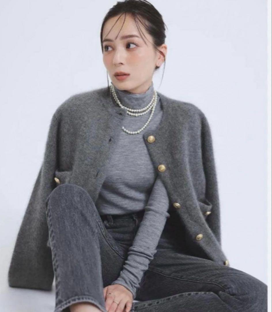 ラクーンブレンドノーカラーニットジャケット anuans アニュアンス