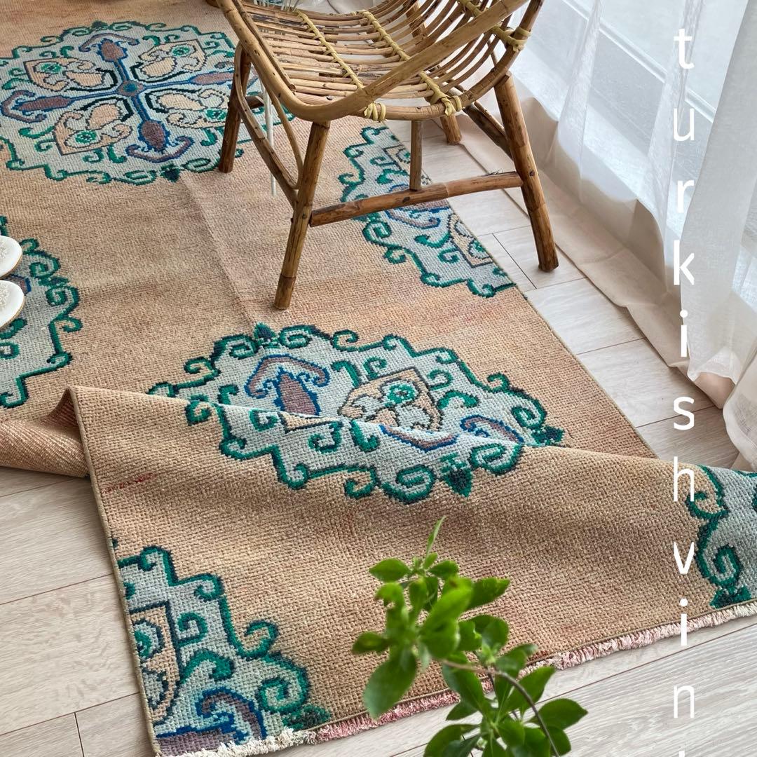 コーラルベージュ77×202グリーン　メダリオンランナー　トルコヴィンテージラグ