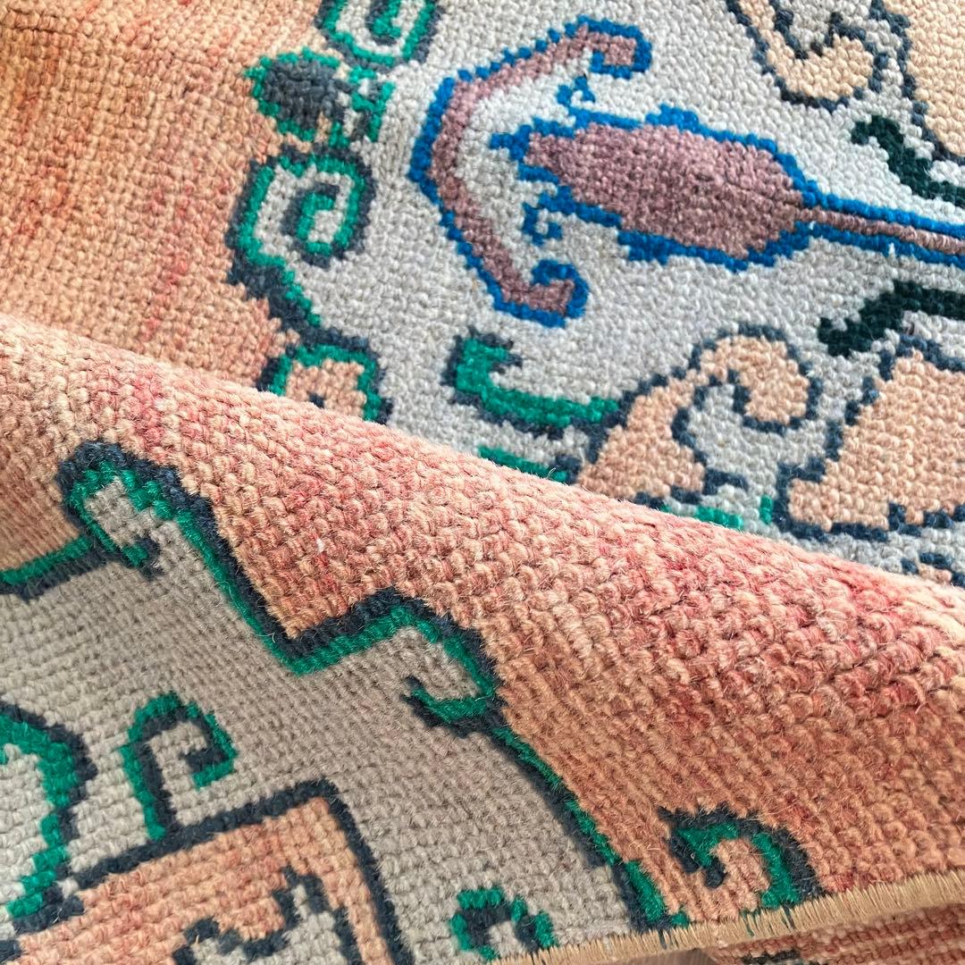 コーラルベージュ77×202グリーン　メダリオンランナー　トルコヴィンテージラグ