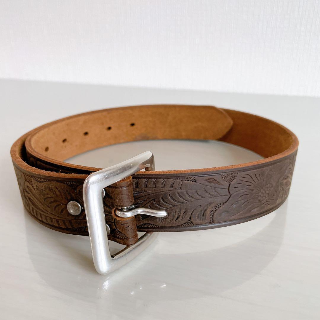 RRLカービングベルト 金属バックル 30インチ レザー ブラウン イタリア製