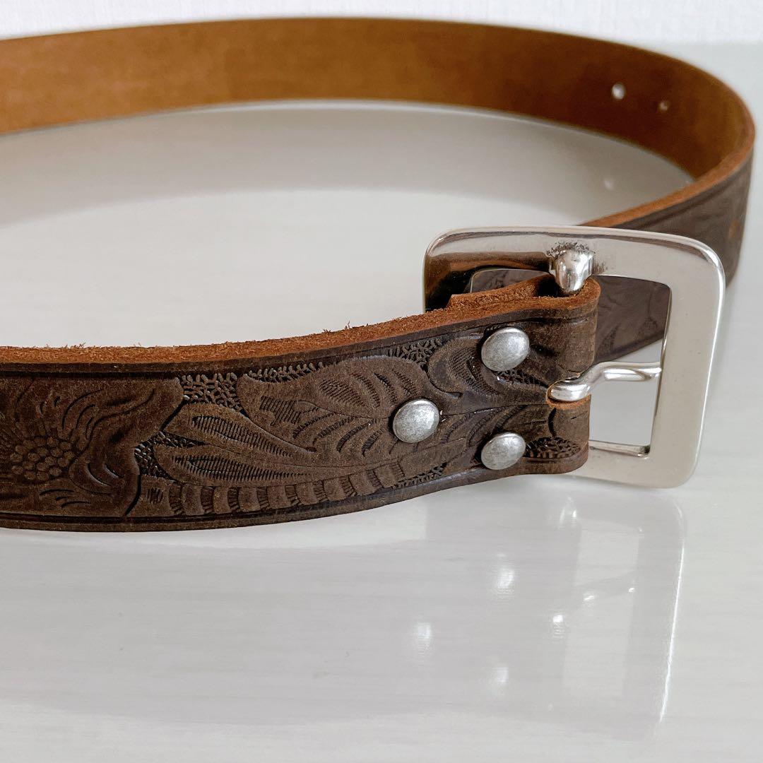 RRLカービングベルト 金属バックル 30インチ レザー ブラウン イタリア製