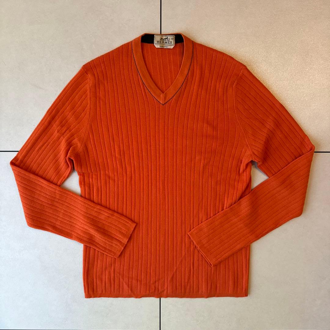 HERMÈS エルメス　オレンジ Vネック リブニット