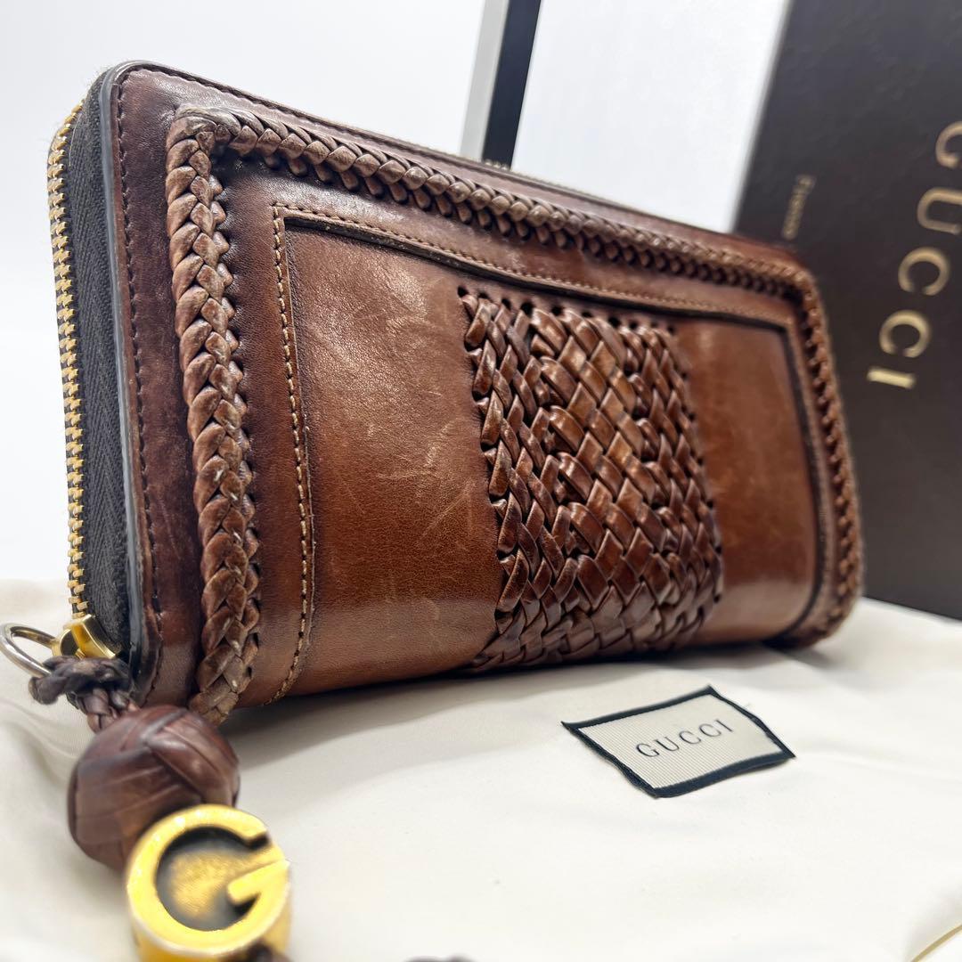 サ*タ様 美品✨グッチ 長財布 ラウンドファスナー ウーブンウェブ 編み込み レ