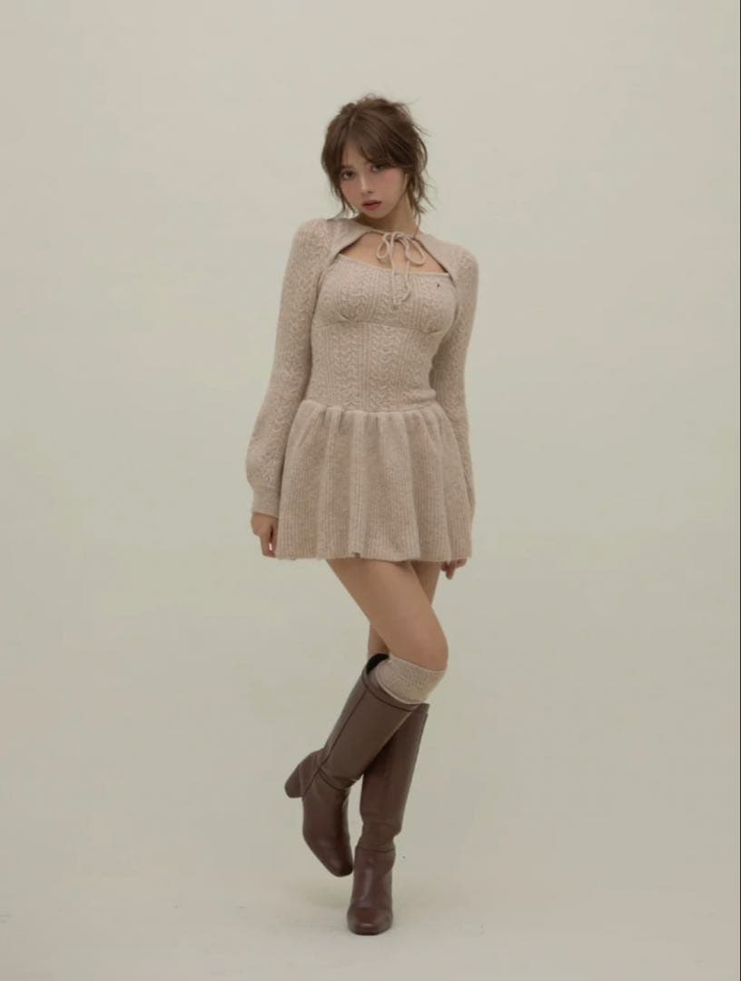 ワンピース ANDMARY Amy cable flare mini dress Beige