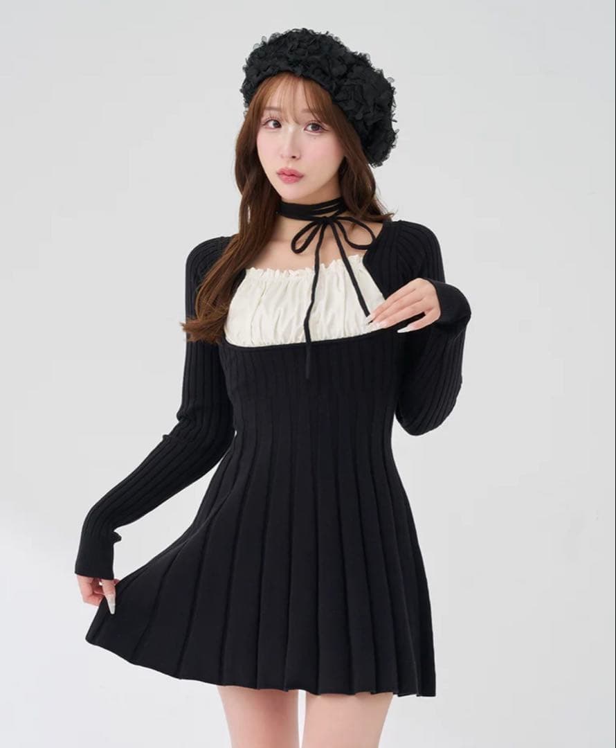 darich ダーリッチ ネックリボンデザインフレアニットミニワンピース