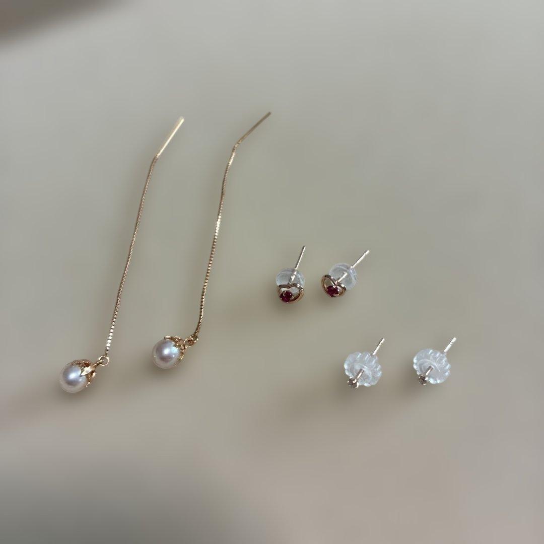 K10ピアス3点セット パール ルビー ダイヤモンド