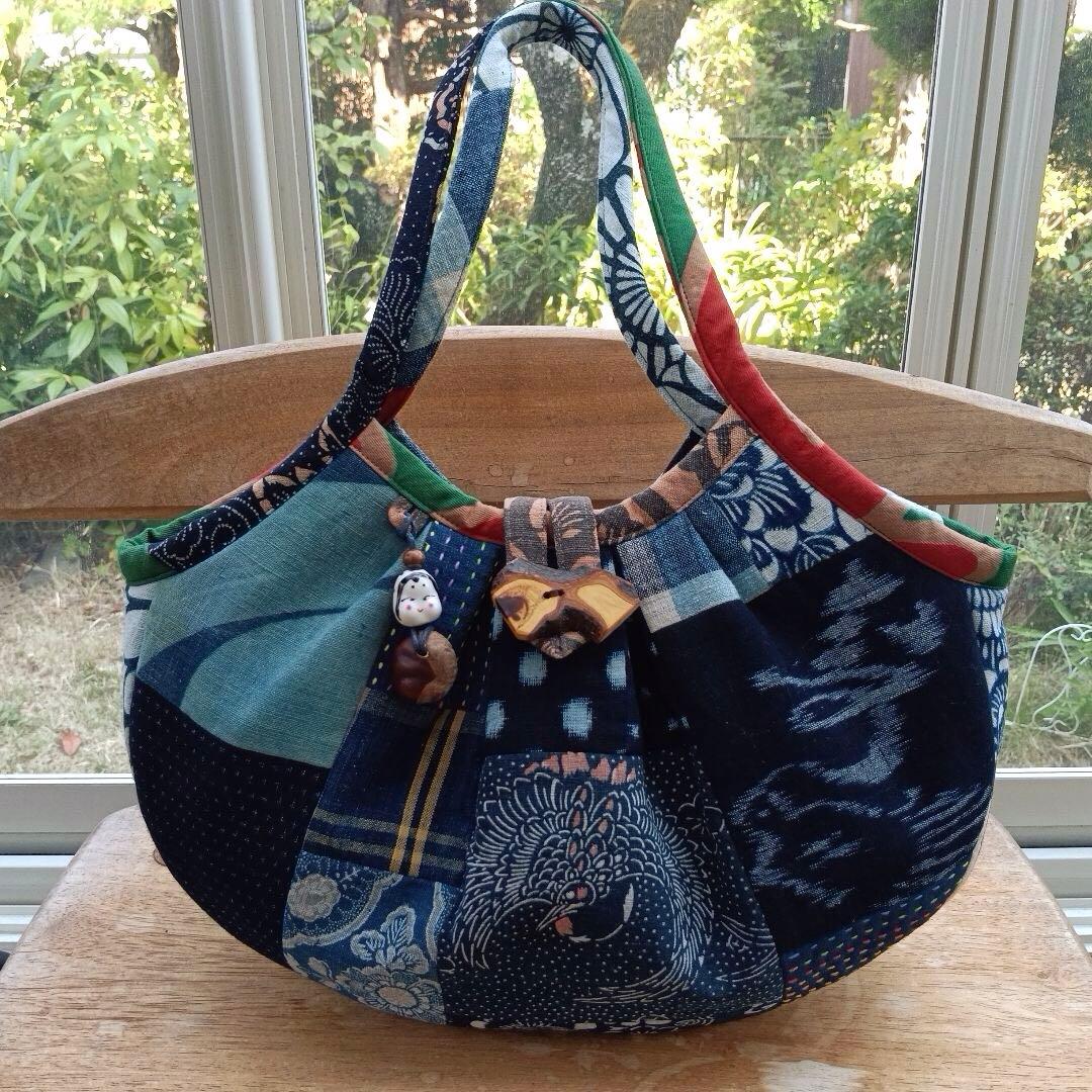 古布鶴亀　グラニーバッグ　鶴亀寿　藍染型染　ハンドメイド　柿渋染め