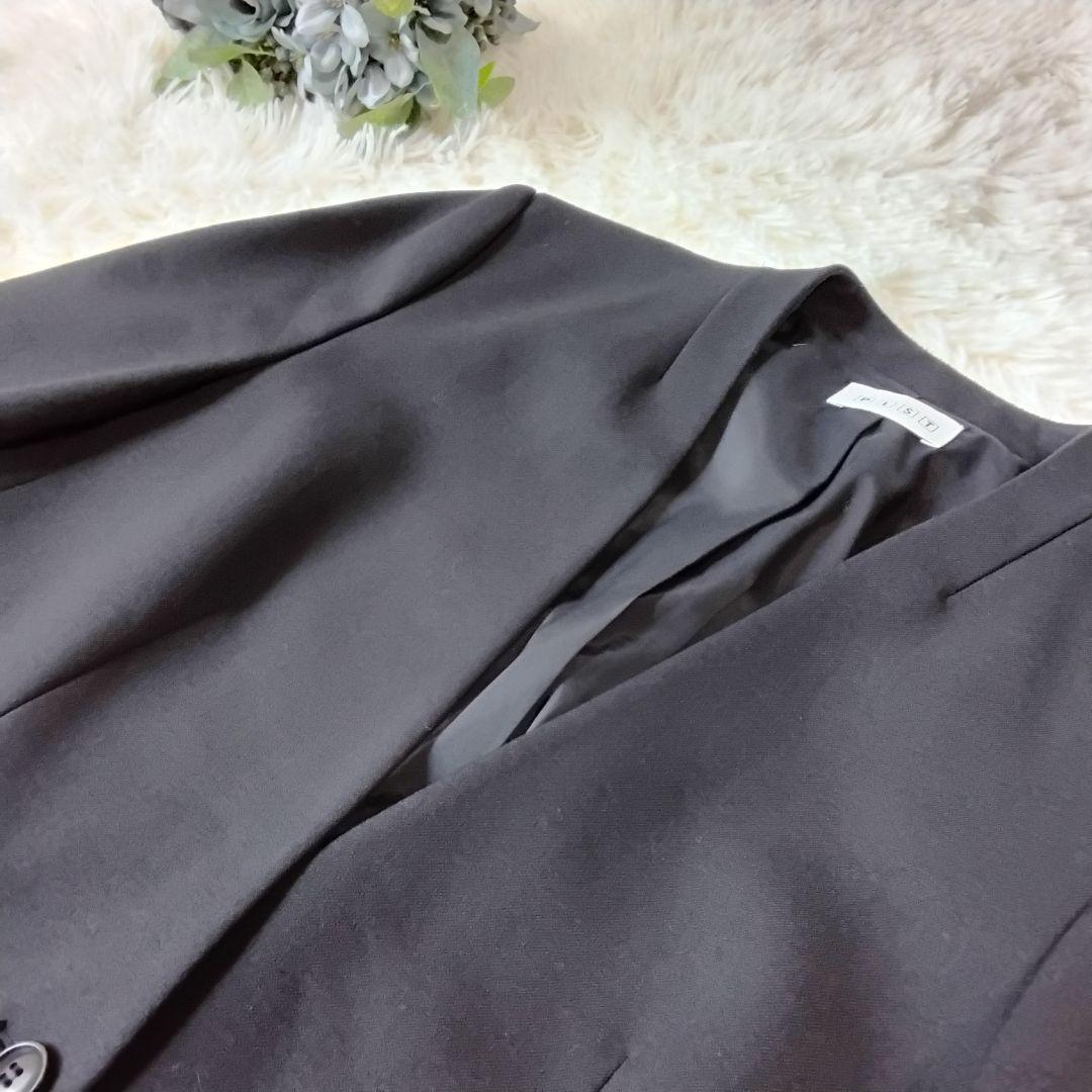 プラステ　パンツスーツ　ノーカラー　セットアップ　洗える　ストレッチ　黒　L