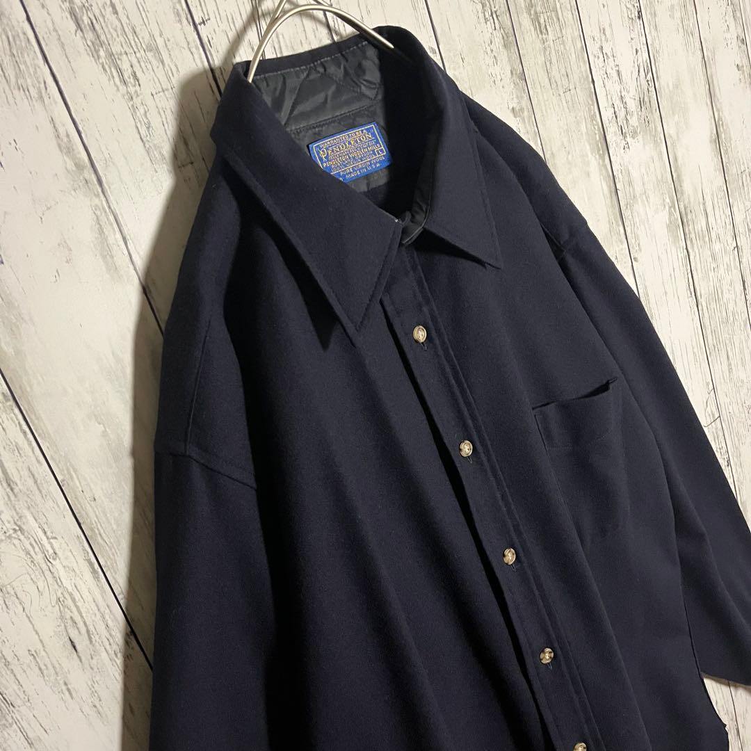 【希少】PENDLETON 70s単色USA製　ボードシャツ無地ウールXL濃紺