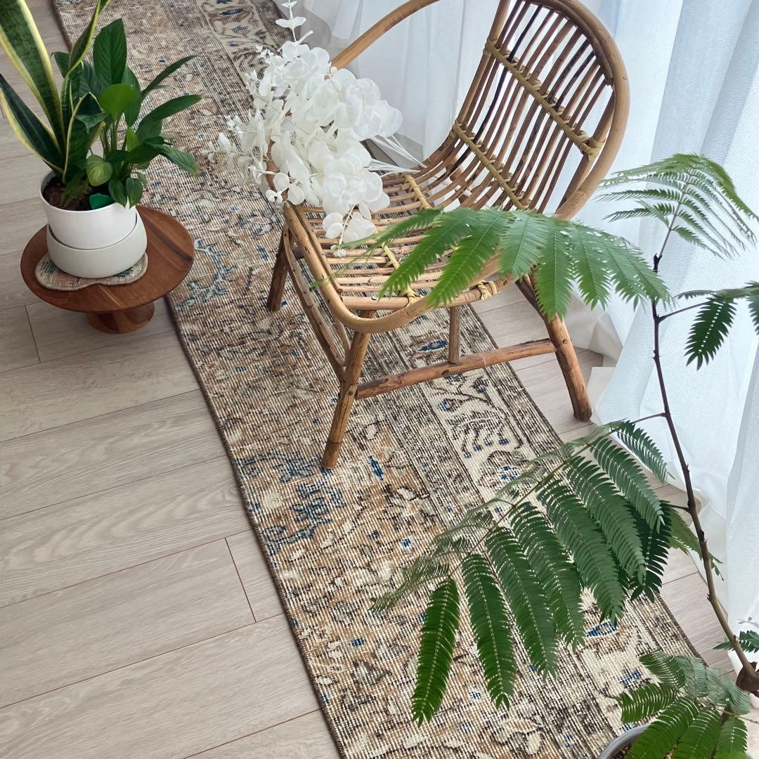 48×211ランナー　淡ブラウン　ブルー　ラインホワイト　トルコヴィンテージラグ