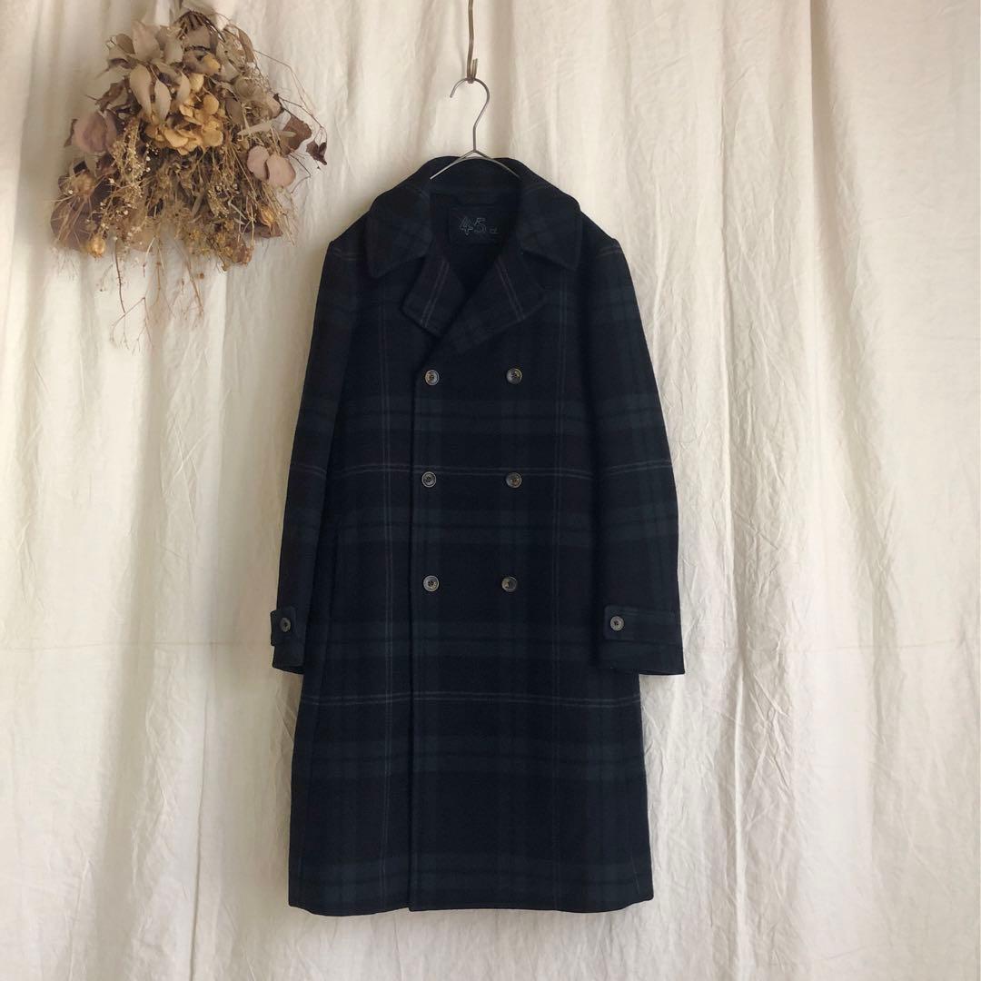 超名作 45R カシミアウールメルトン チェック ダブルブレストコート