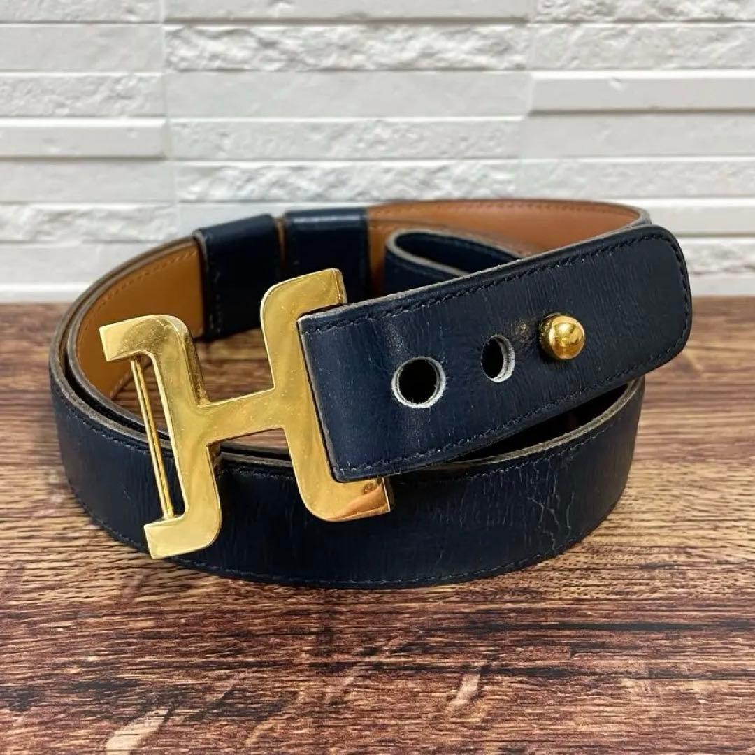 エルメス レザー Hバックル ゴールド 金具 ベルト ネイビー ブラウン.