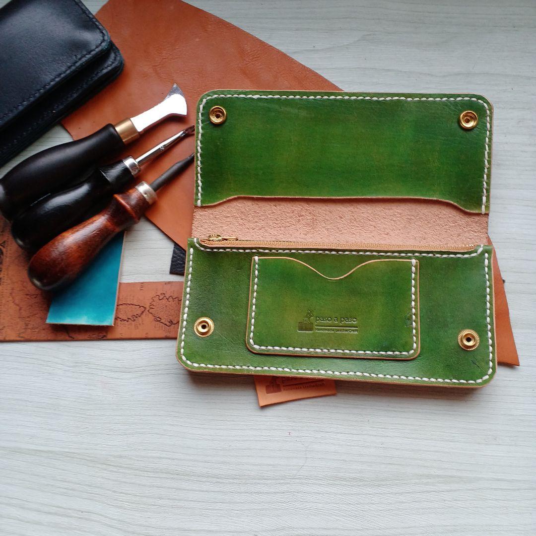 トラッカーウォレット　ロング　ハンドメイド グラデーション　オリーブ～グリーン