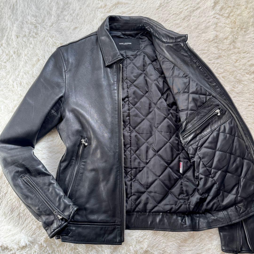 ナノユニバース レザージャケット 羊革 ラムレザー ブラック 裏地キルティング