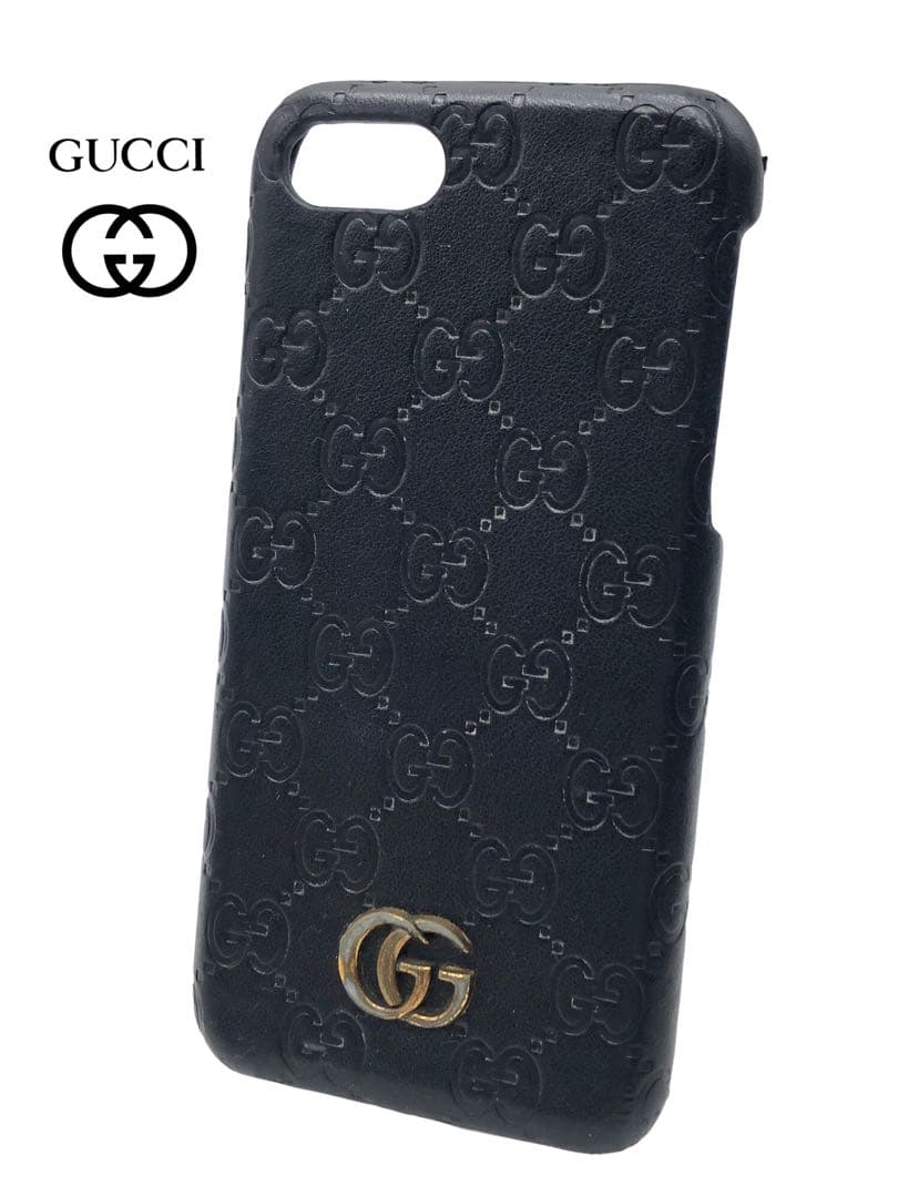 GUCCI グッチ　ブラックレザー iPhoneケース　GGパターンロゴ付き
