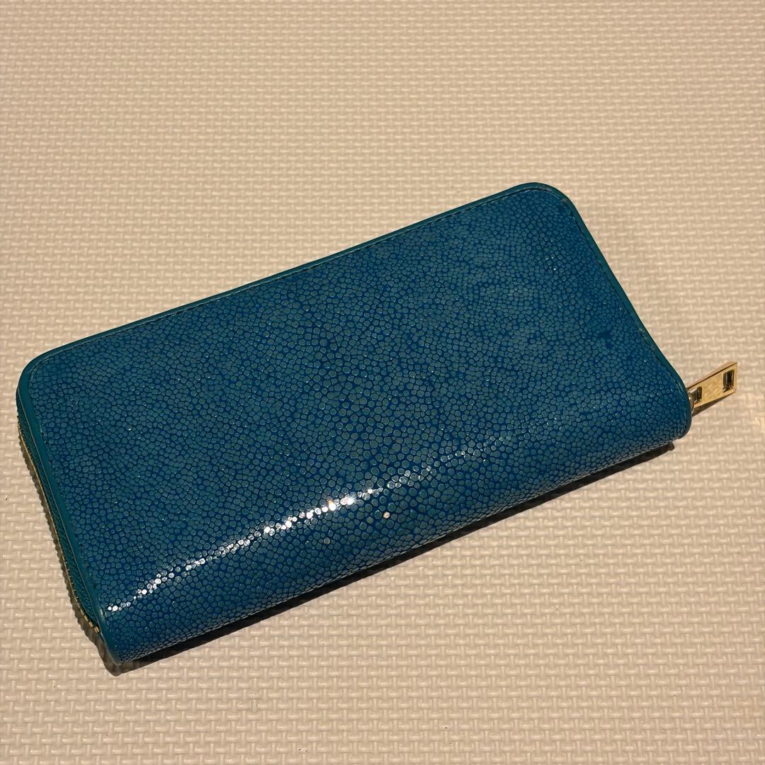 スティングレイ 長財布 ラウンドファスナー エイ革 金ファスナー ターコイズ