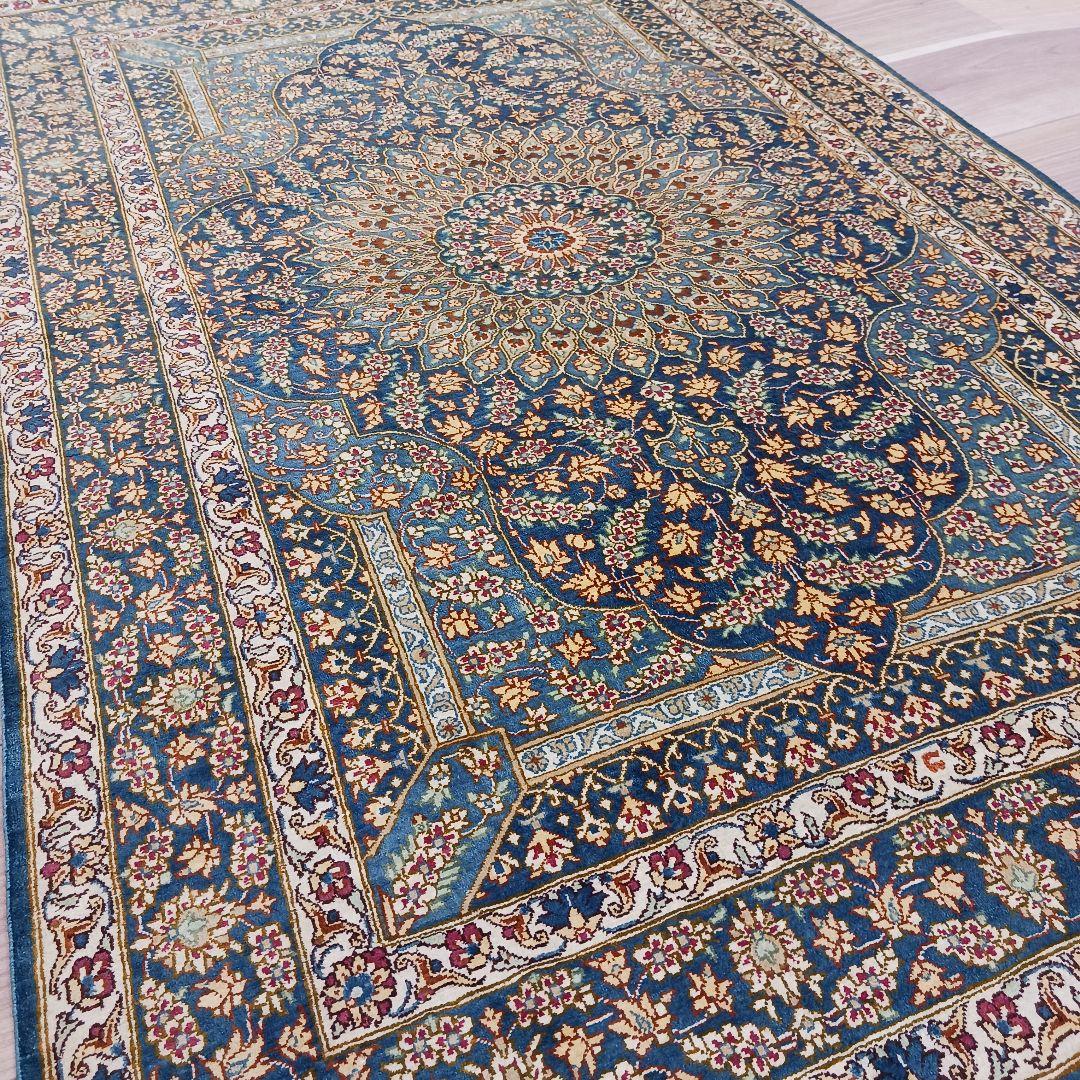 専用Y3144 高級ペルシャ絨毯 クム産 工房サイン シルク100% 手織り