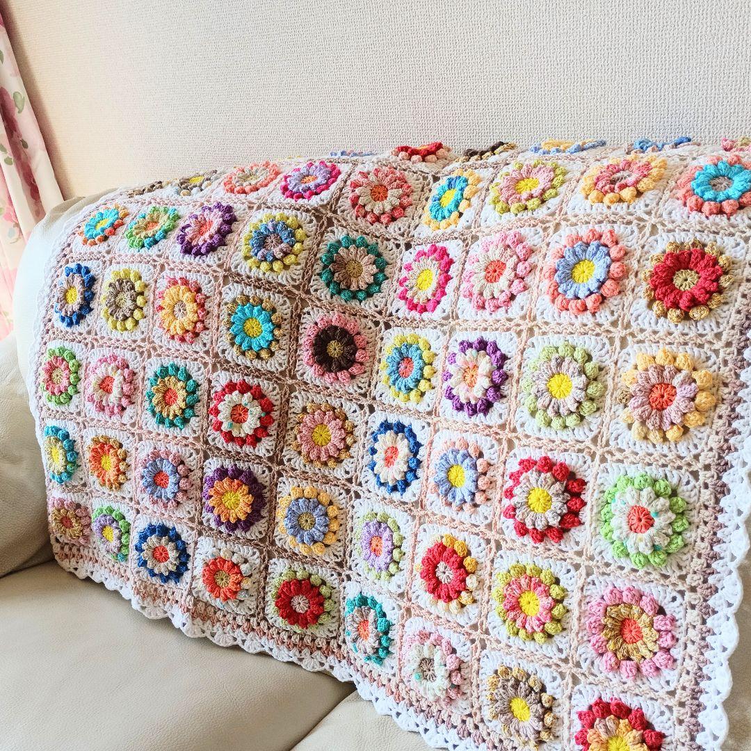 お花の手編みブランケット★カラフル★かぎ針編み★お花モチーフ★コットン