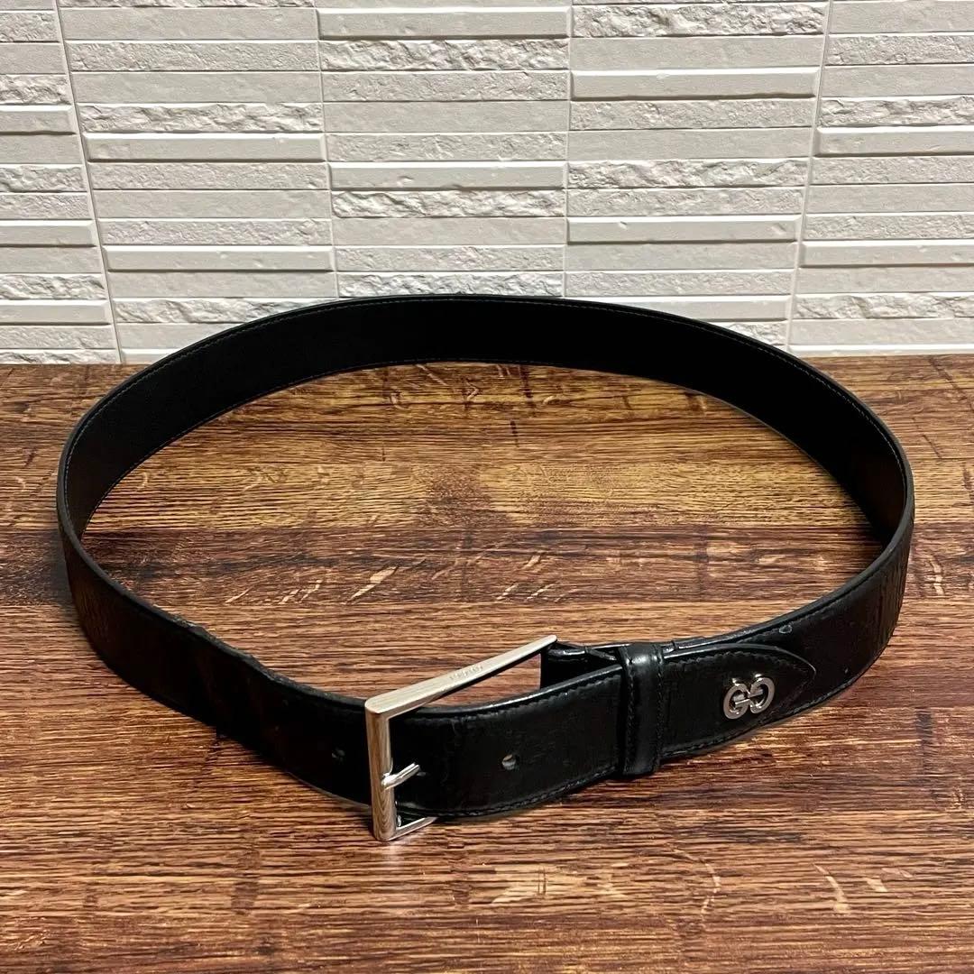 グッチ GG バックル ベルト シマ レザー 黒 シルバー グッチシマ.