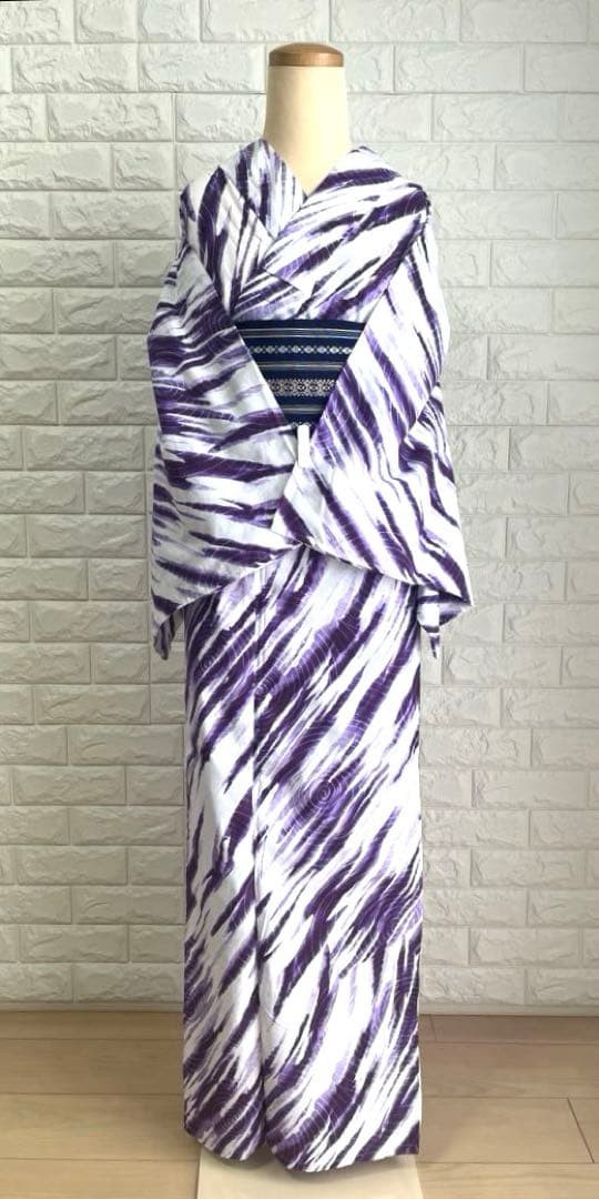 【新品未使用】浴衣 単衣着物 普段着物 モダン柄 紫白 トールサイズ 裄長