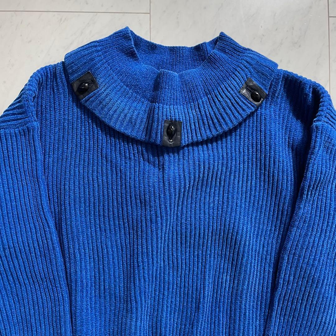 イッセイミヤケ 筆タグ ニット セーター レザー ジップ アーカイブ ブルー