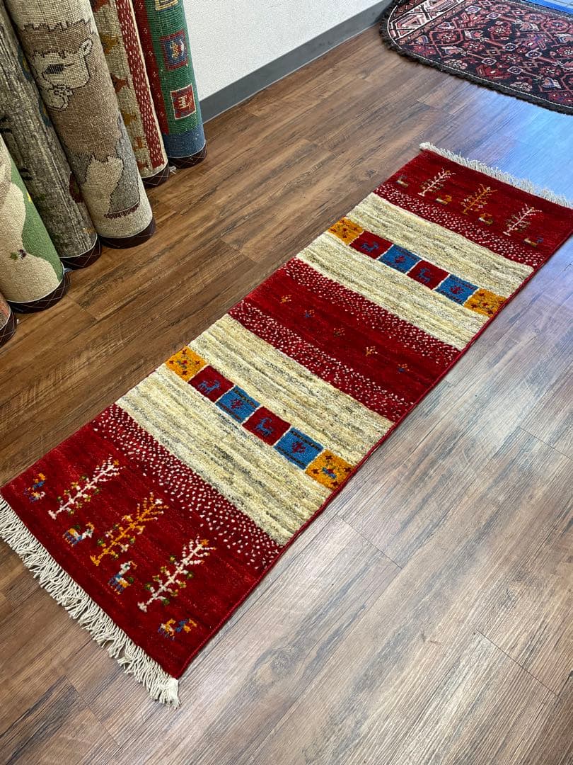 百ちゃん様用　新品　ペルシャ絨毯　手織り　ギャッベ　茜色　山羊　150×50cm