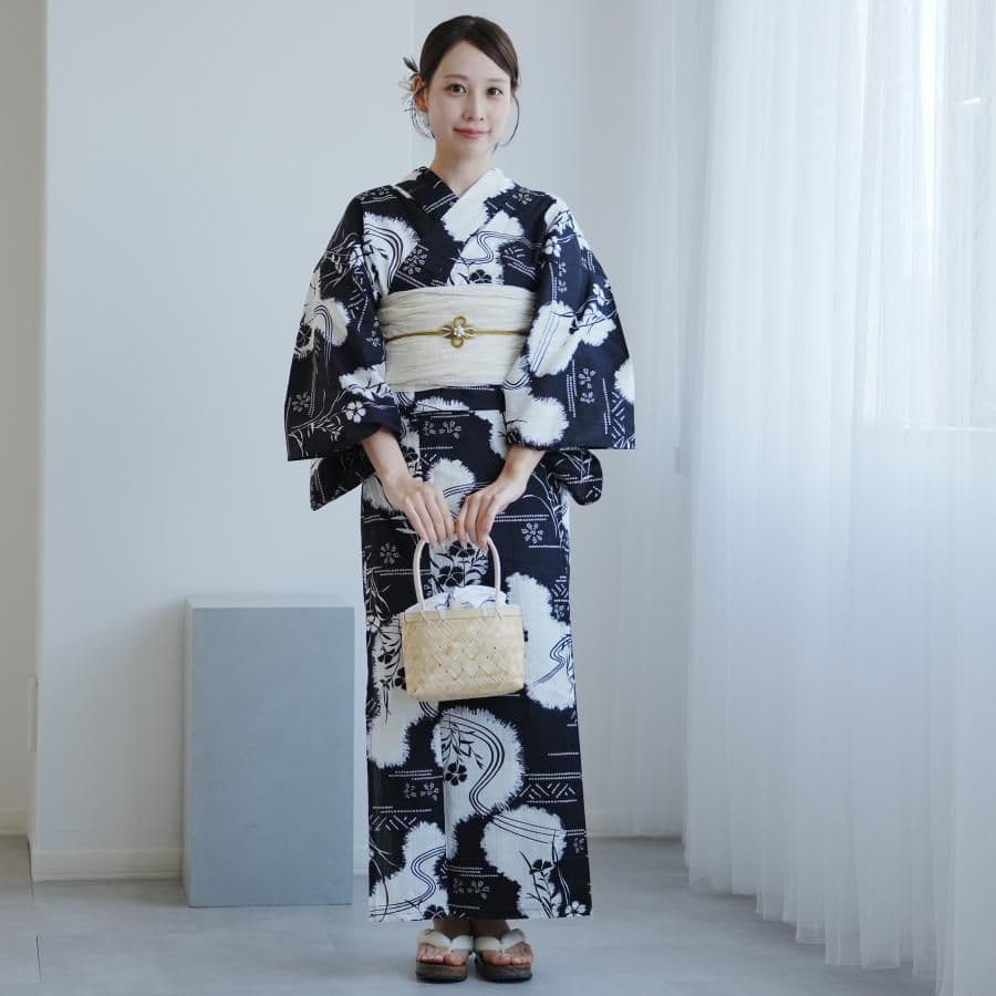 新品　ウタタネ　浴衣　帯　２点　セット 高級変わり織 濃紺に撫子瓢箪 レトロ
