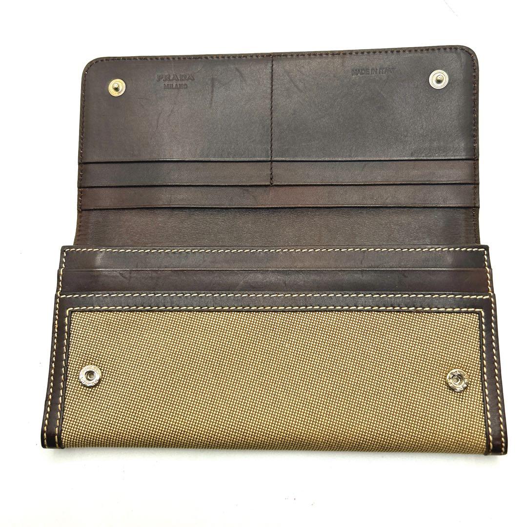 【極美品・箱付き】PRADA 長財布 キャンバス×レザーブラウン系