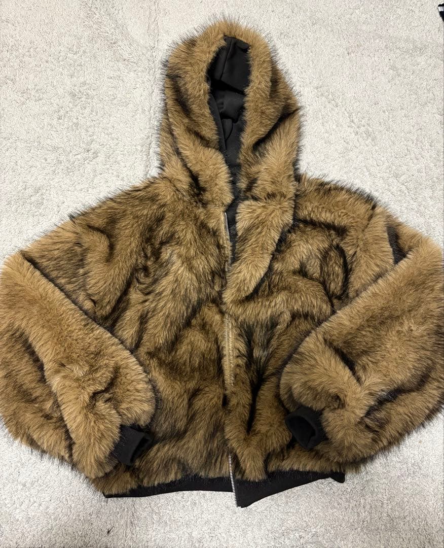 ファージャケット リバーシブル ブラウン ブラックミックス フード付き